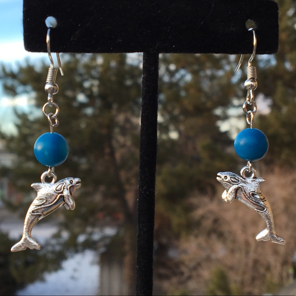 Blue Stripe Agate Whale Earrings